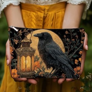Crow And Lantern Design Gothic-Style Makeup Bag